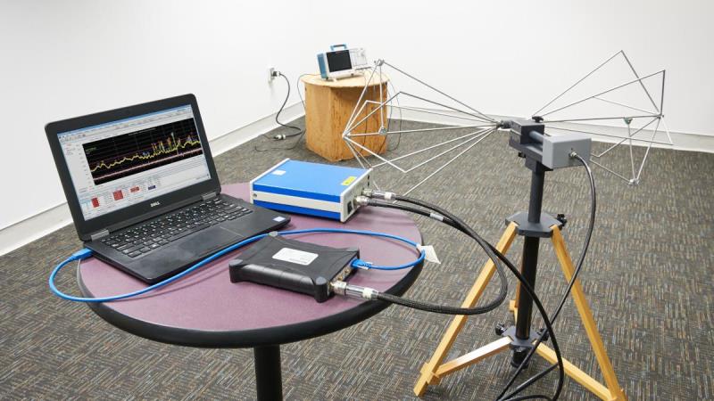 Typical radiated pre-compliance test setup using Tektronix equipment.