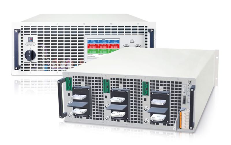 Back view of EA-BT 20000 Triple 4U Battery Tester.  Each output can be used to test an