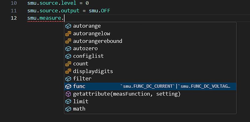 A screenshot of the Keithley TSP Toolkit extension command autocomplete feature in action.