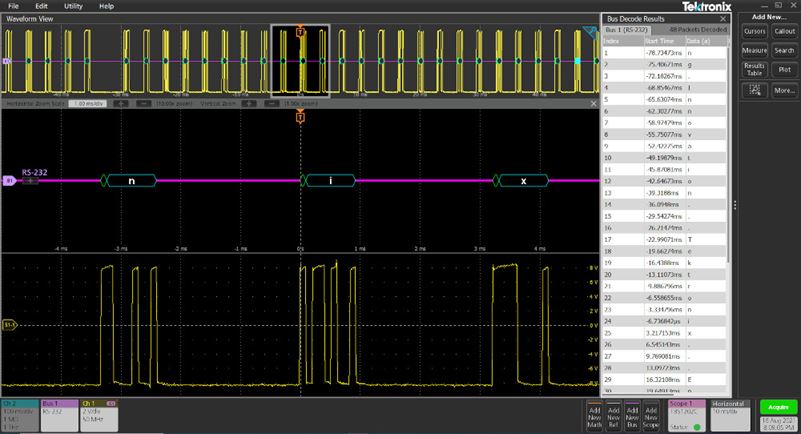 Using Tektronix oscilloscope software to decode serial bus data