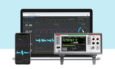 An image showing a Tektronix DAQ, Laptop with Keithley Datalogger Dashboard, and a mobiles phones showing similar, illustrating data visualization using Inital State cloud service.