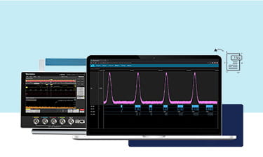 Image of the Tektronix TekDrive interface on a laptop with a Tektronix 2 Series MSO behind it indicating that the data from the oscilloscope can be viewed on a laptop.