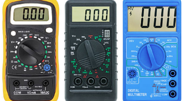 Three different brands of digital handheld multimeters
