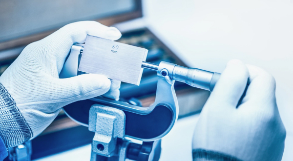 A technician using a micrometer to measure the thickness of a metal block