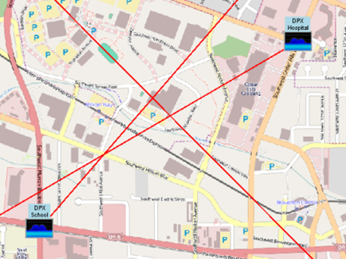 City intersection with red signal coverage lines for 24/7 Spectrum Monitoring