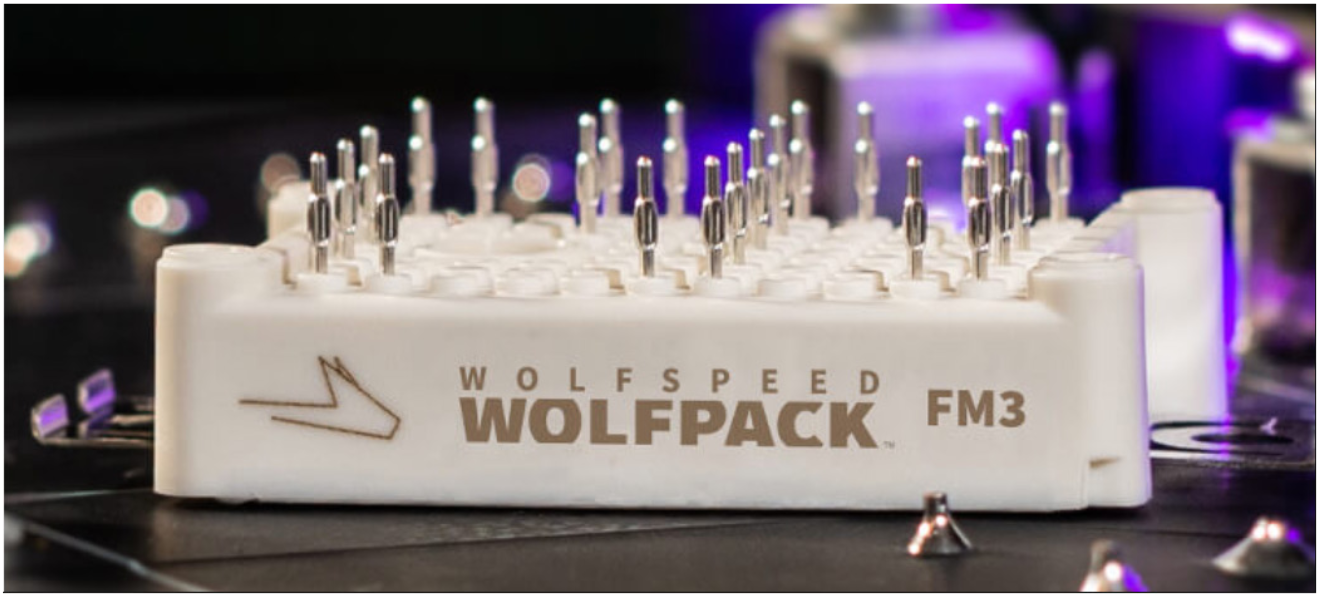 Example of a Wolfspeed WolfPACK FM3 Power Module with pin grid design which allows for scalability and flexibility. Photo © Wolfspeed. Reprinted with permission