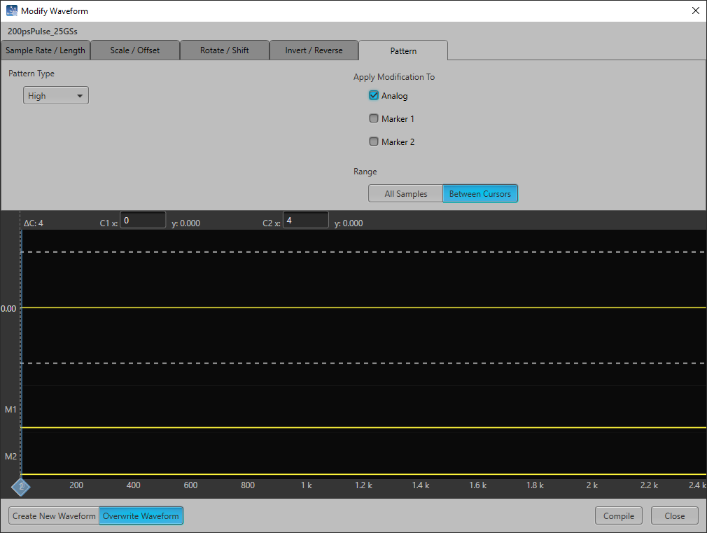 A window from Tektronix SourceXpress showing the Pattern Editor in the Modify Waveform window. 